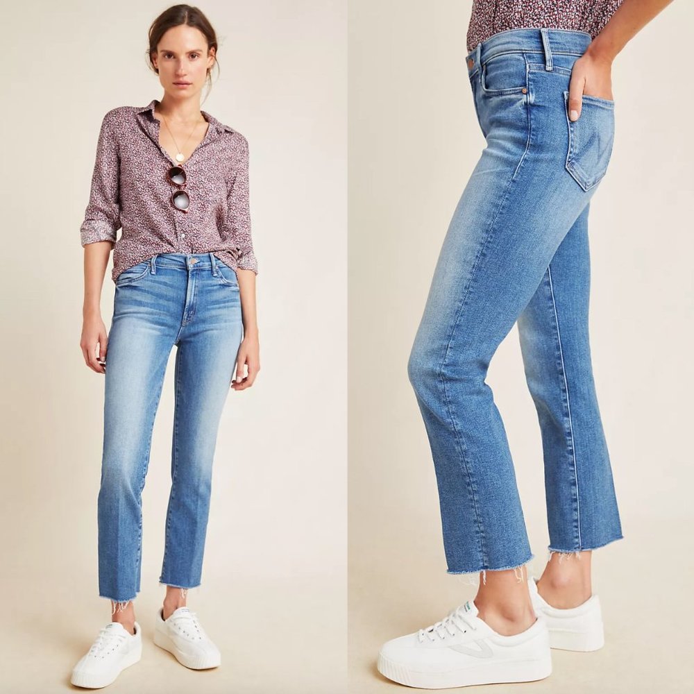 MOTHER The Rascal Mid-Rise Ankle Fray Jeans Slim Straight Leg Raw Hem Blue 27